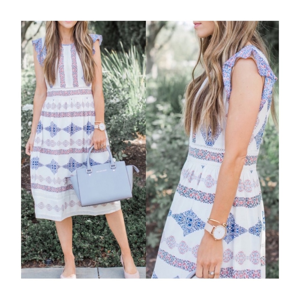 LOFT White Midi Dress with Blue and Pink Pattern